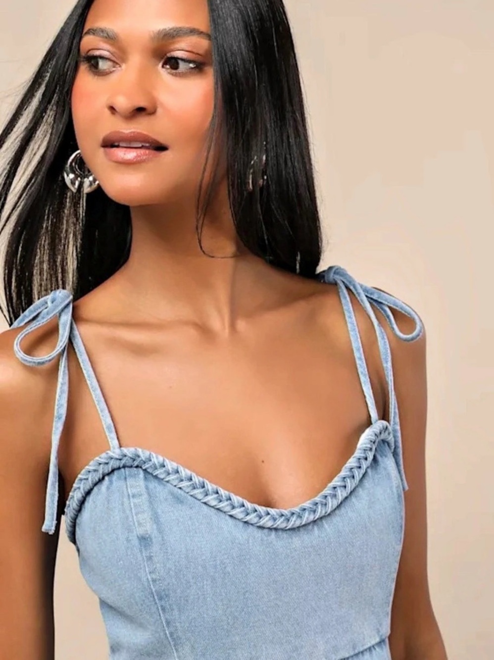 •LULUS• Light Wash Denim Tie-Strap Mini Dress - Picture 3 of 7